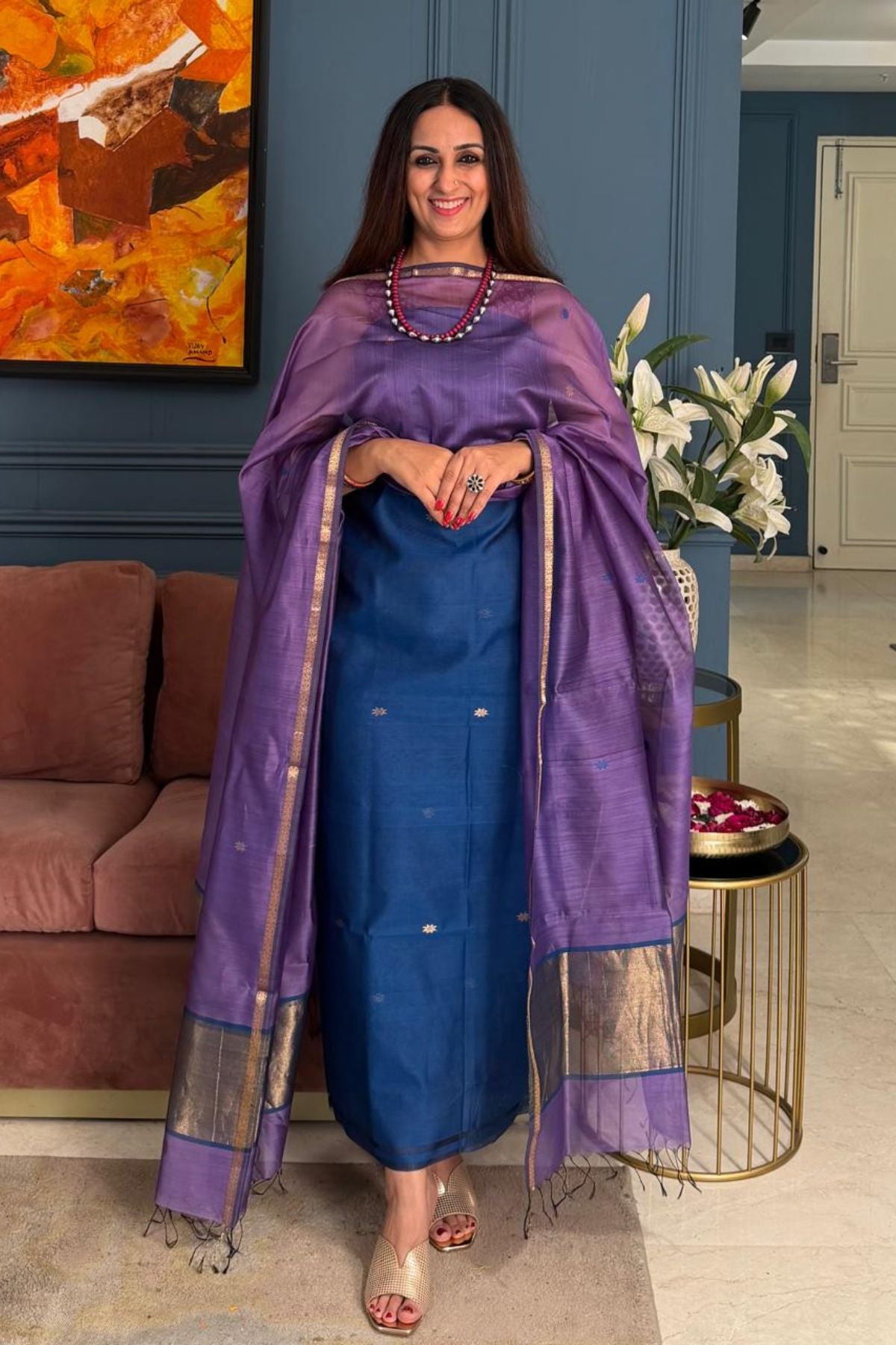 Maheshwari handloom silk by cotton kurta dupatta set