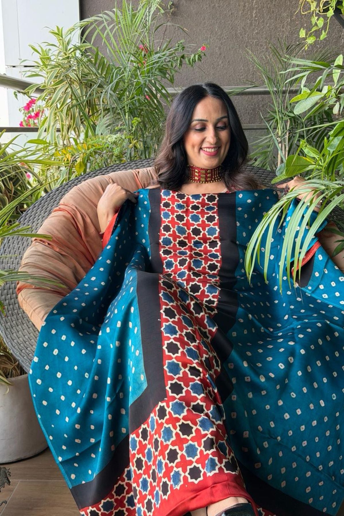 Handblocked Ajrakh Bandhani modal kurta fabric!!!