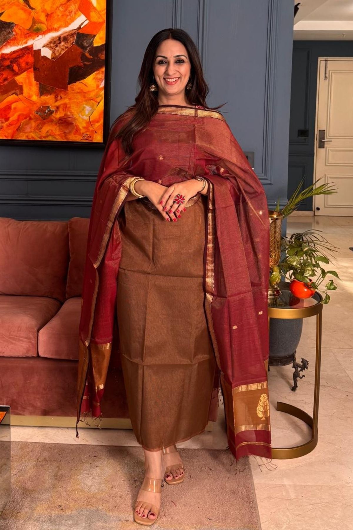 Handloom tissue Maheshwari silk kurta dupatta set