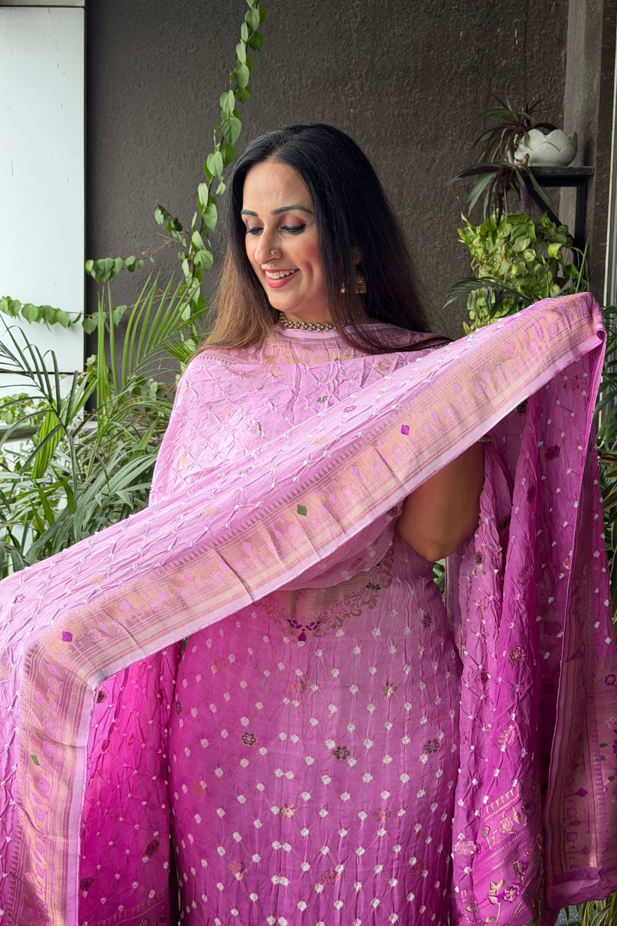Pure gaji silk full set with hand done bandhani and zari weaving!!