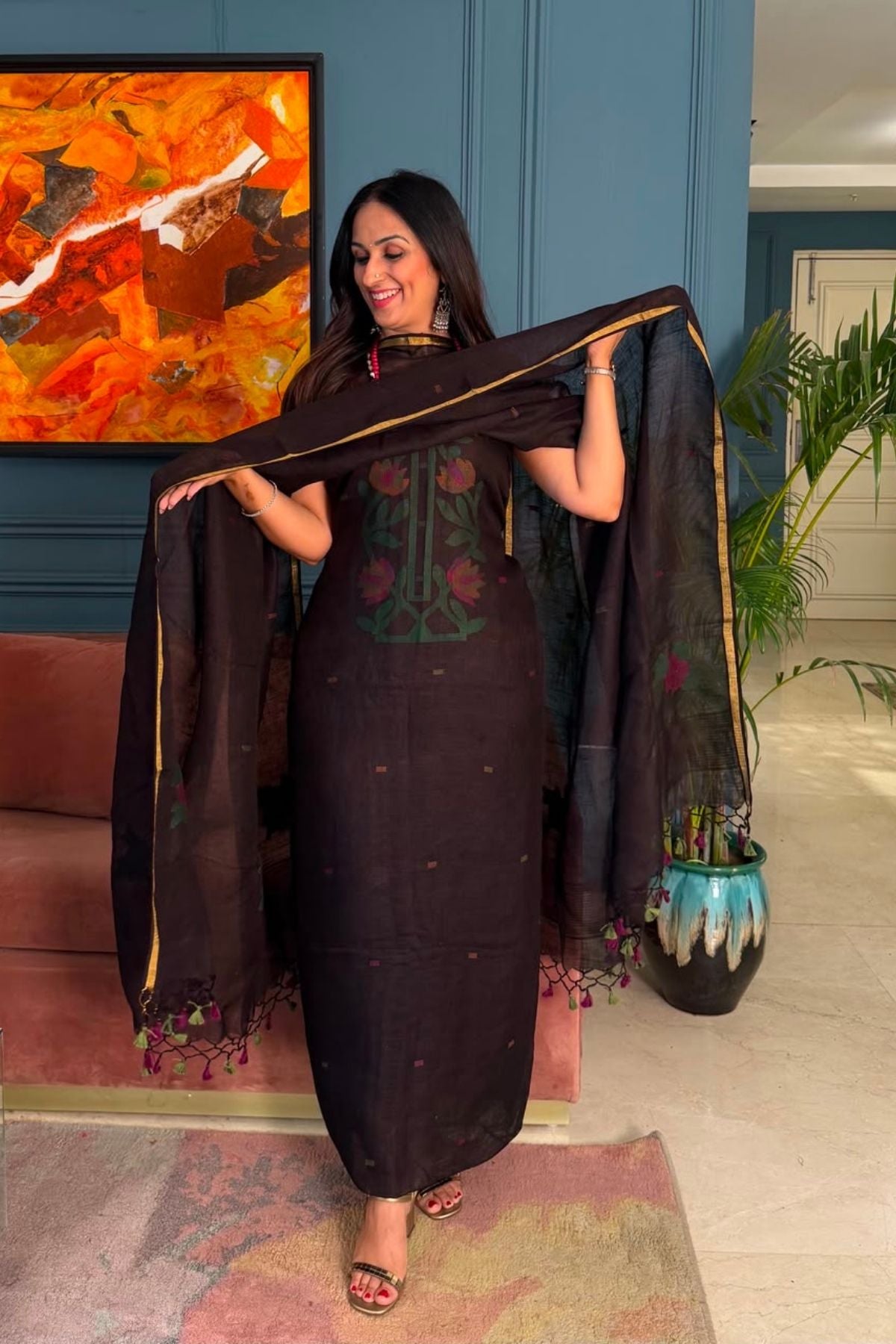 Jamdani weave kurta dupatta set on 100 count linen by linen!!