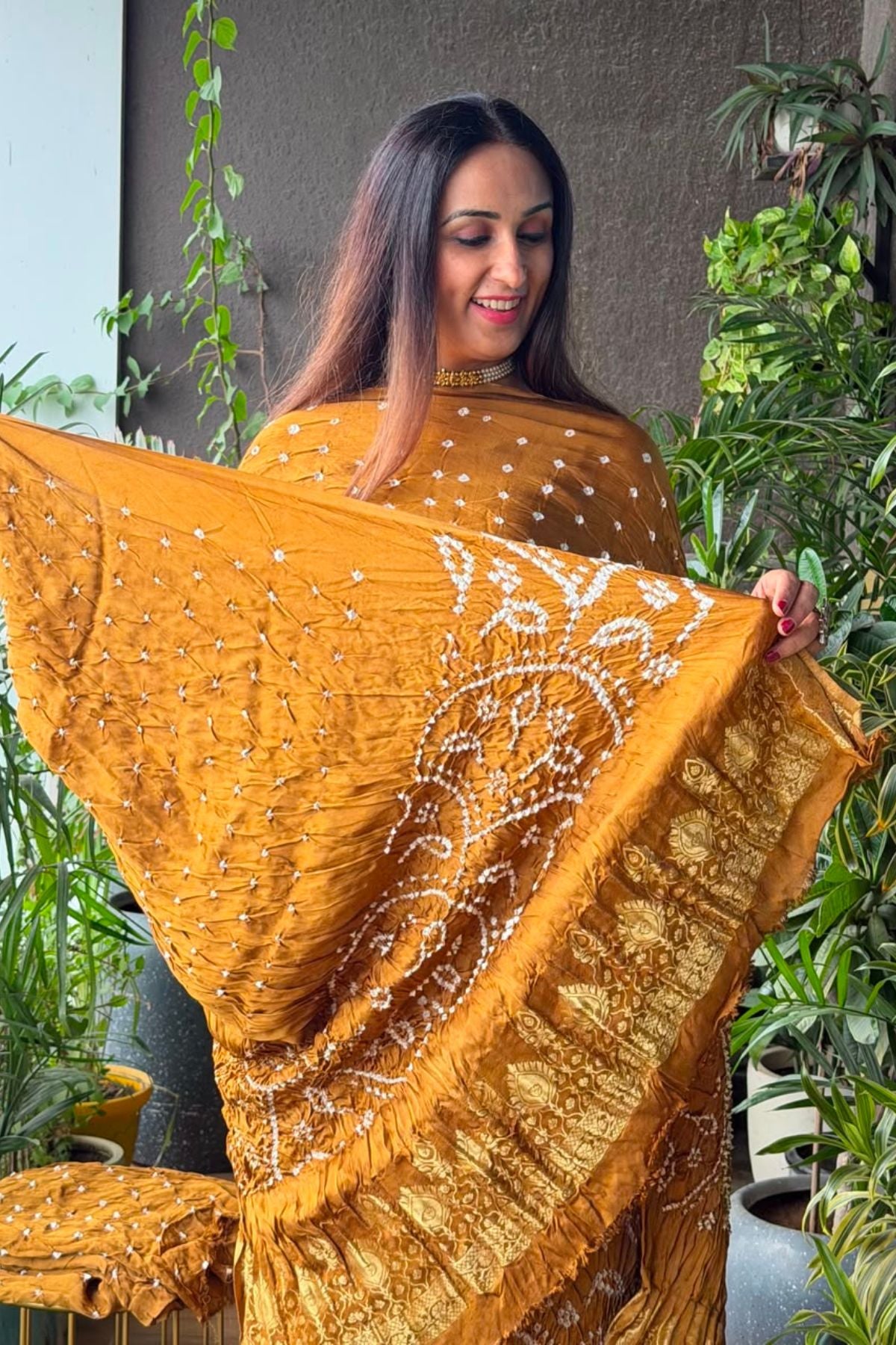 Pure modal silk full set with hand done bandhani and zari weaving!!