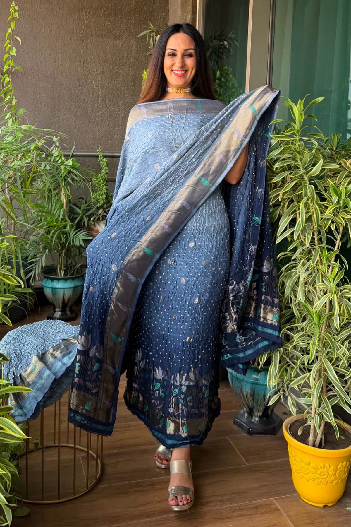 Pure gaji silk full set with hand done bandhani and zari weaving!!