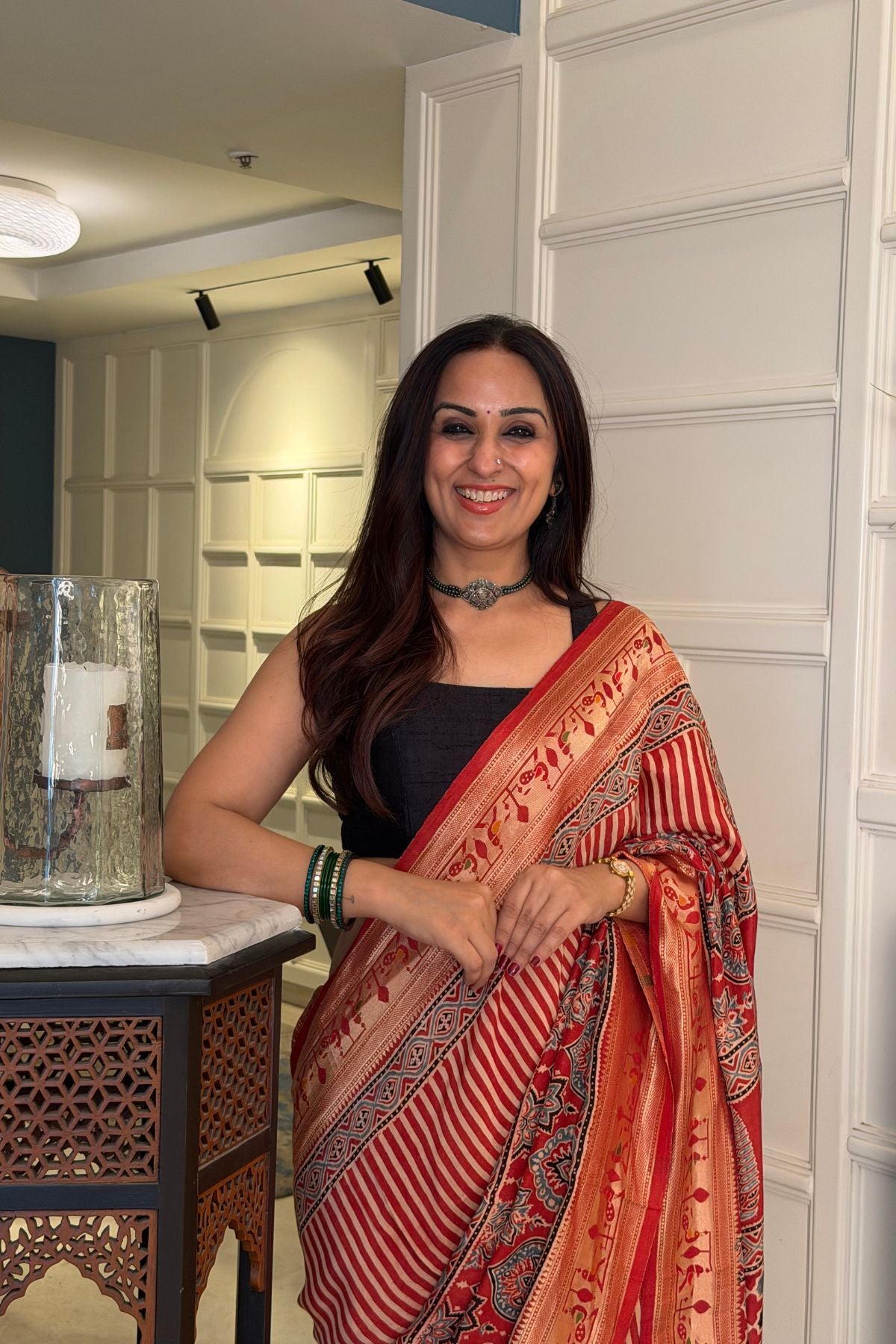 Handblocked Ajrakh with Paithani weave on pure modal saree!!