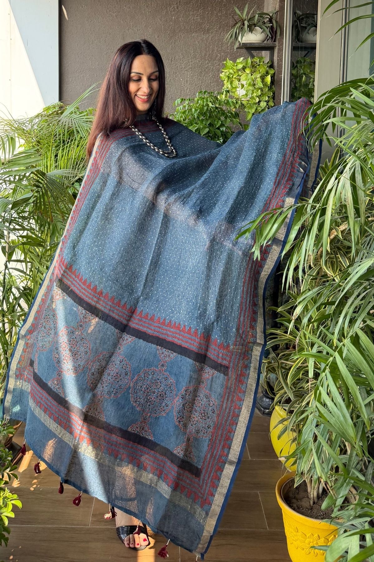 Ajrakh On Pure Linen Silk