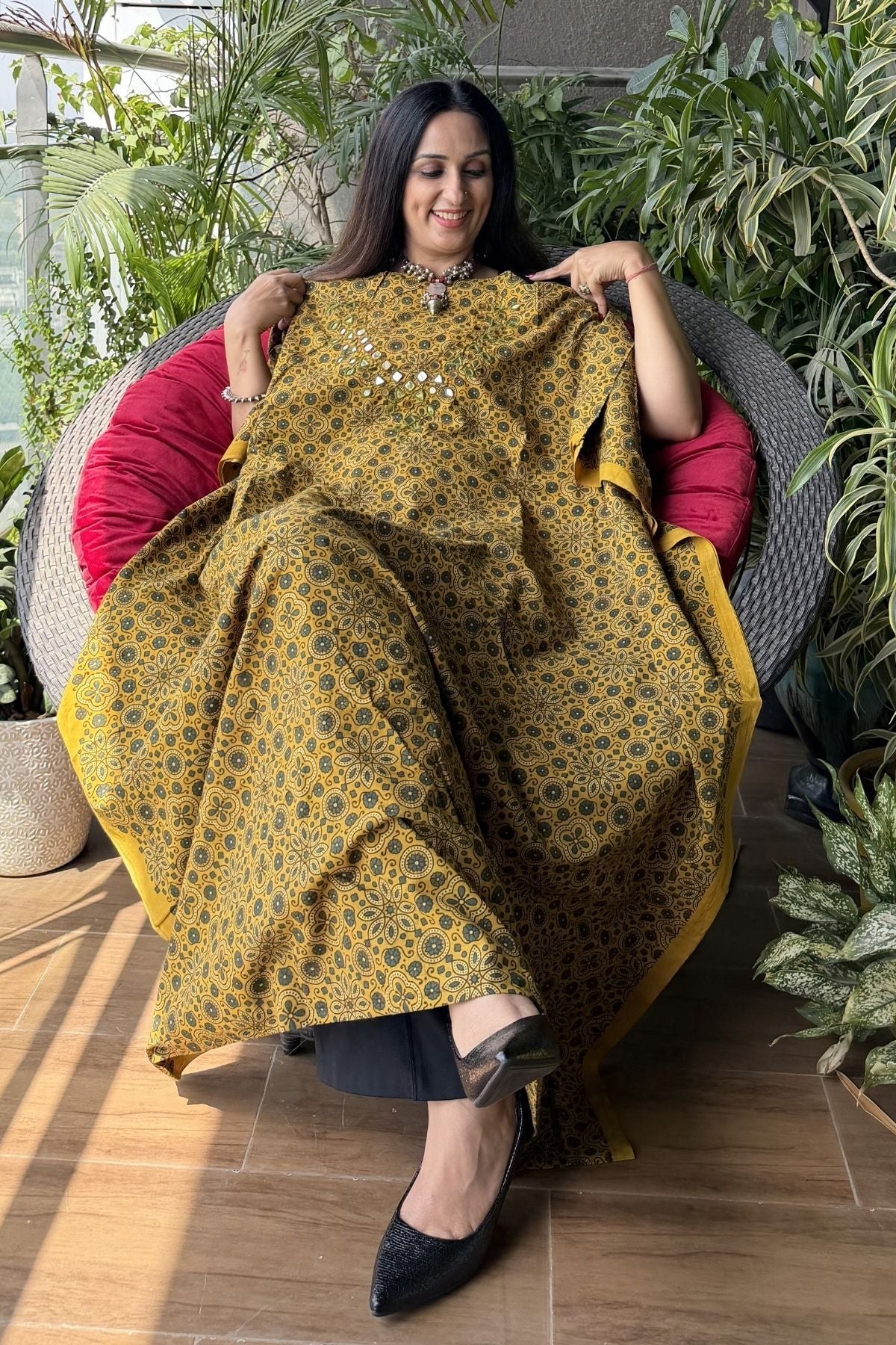 Handblocked pure cotton kurta with Kutch mirror work embroidery!!