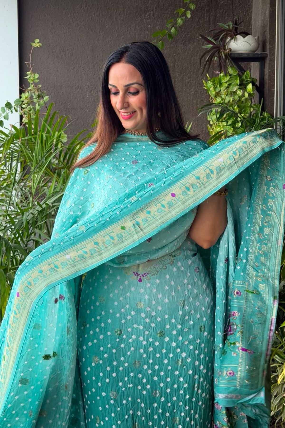Pure gaji silk full set with hand done bandhani and zari weaving!!