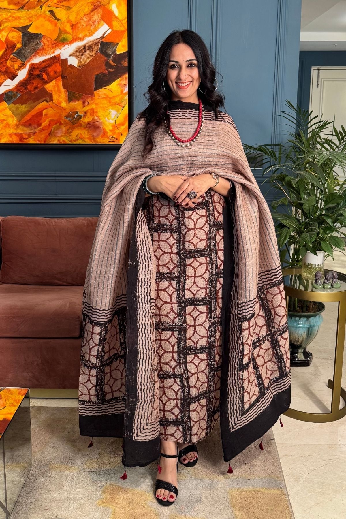 Ivory Suit With Geometric Blocks