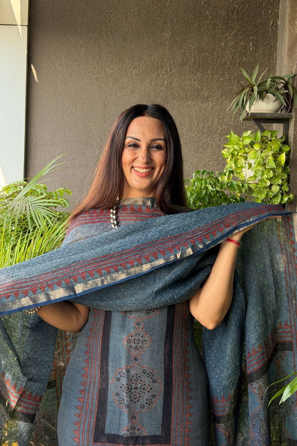 Ajrakh On Pure Linen Silk