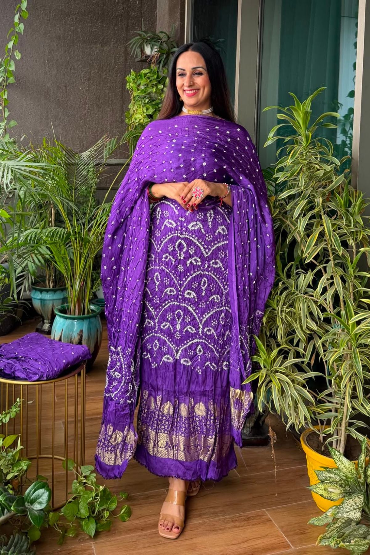 Pure modal silk full set with hand done bandhani and zari weaving!!