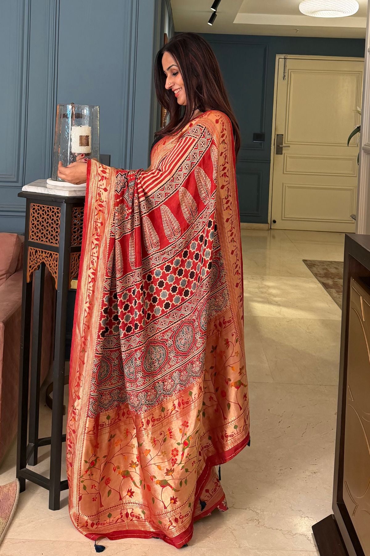 Handblocked Ajrakh with Paithani weave on pure modal saree!!