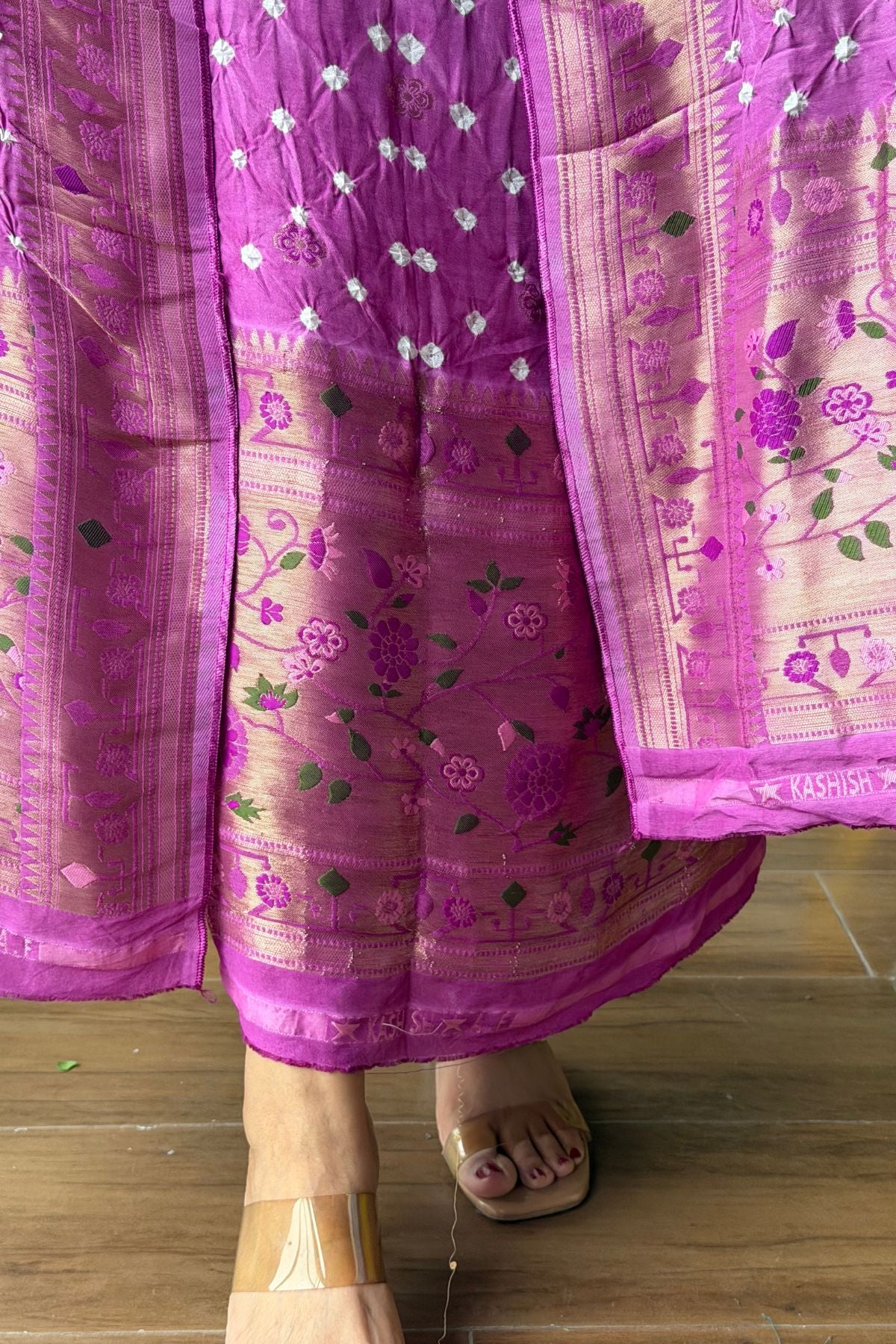 Pure gaji silk full set with hand done bandhani and zari weaving!!