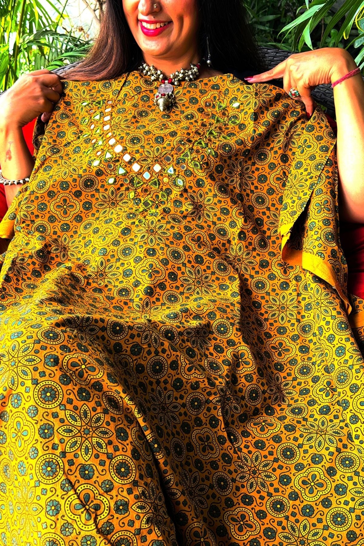 Handblocked pure cotton kurta with Kutch mirror work embroidery!!
