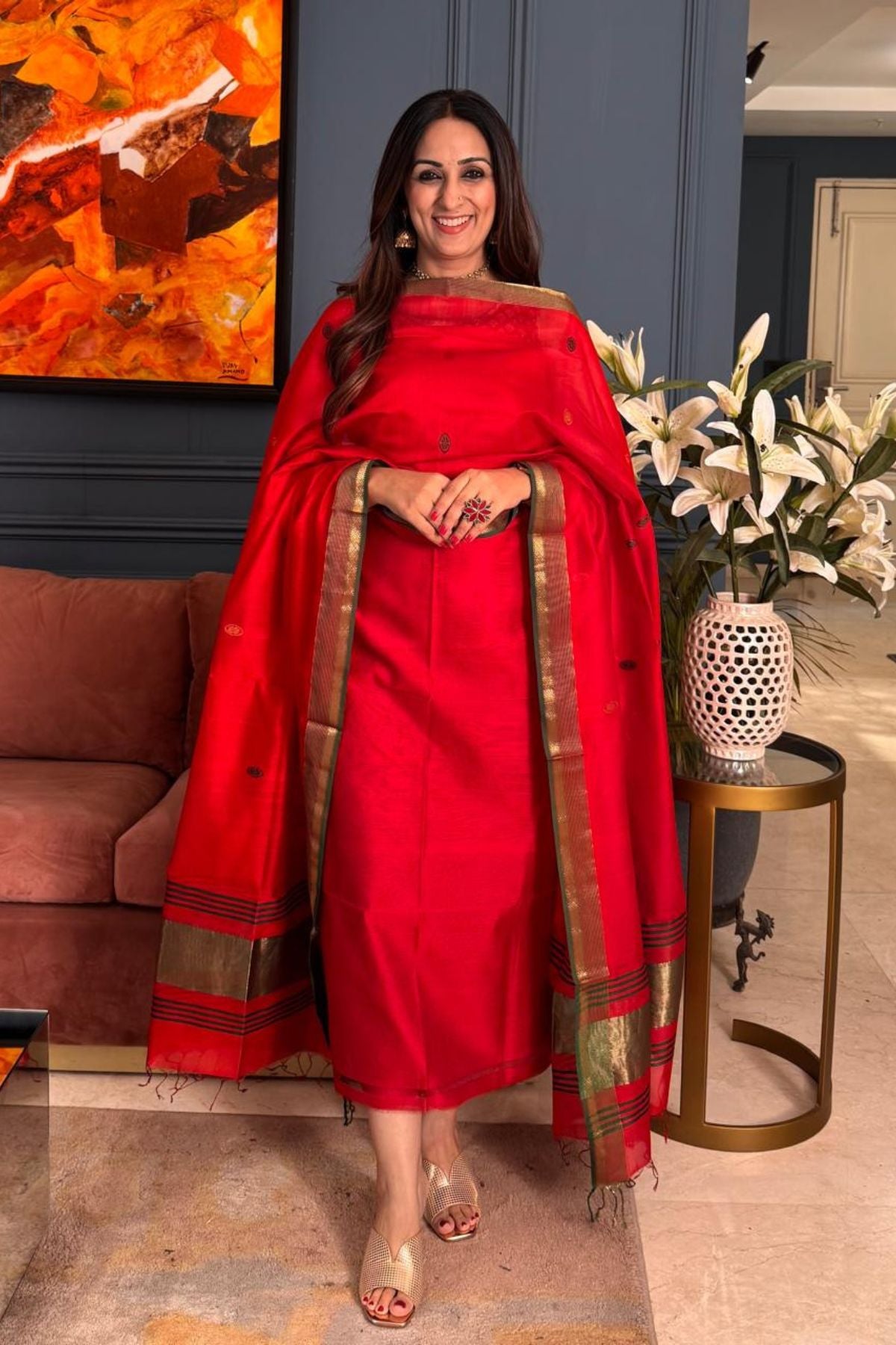 Handwoven Maheshwari silk kurta dupatta set