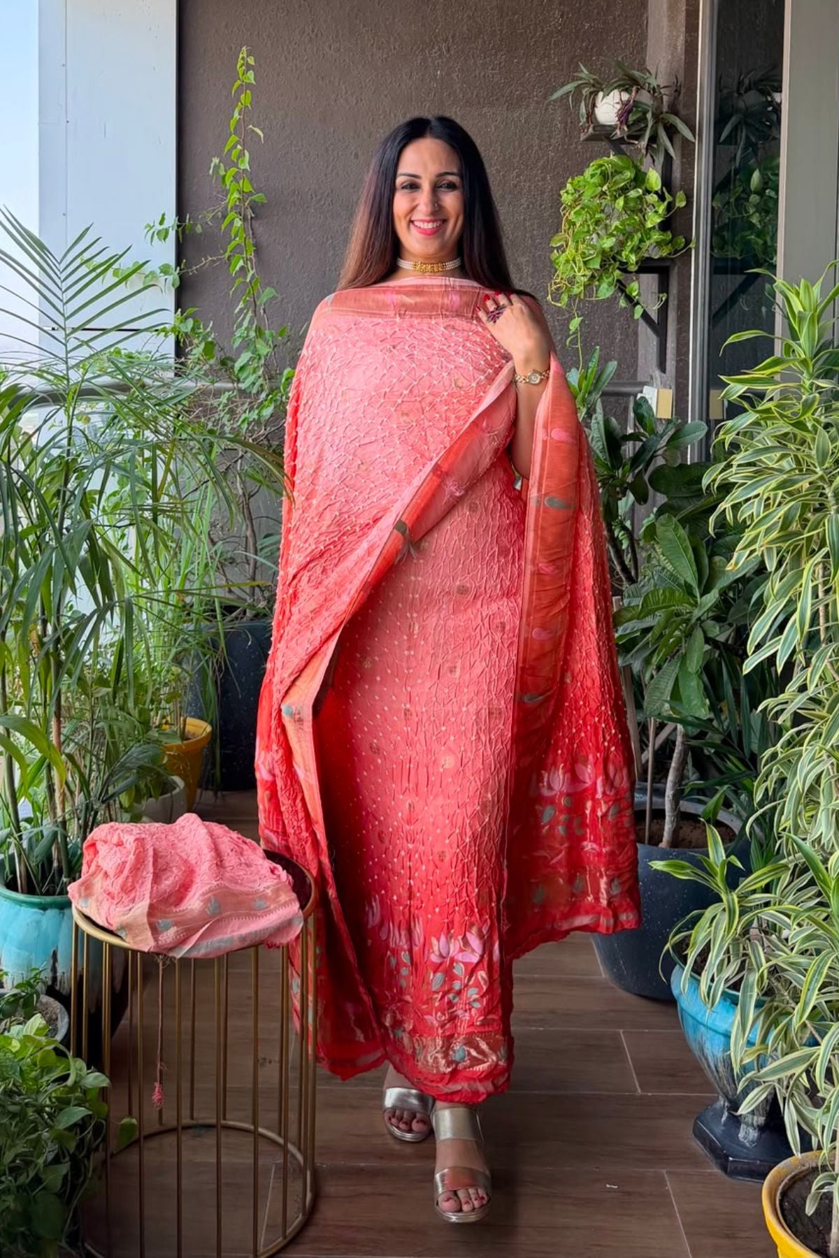 Pure gaji silk full set with hand done bandhani and zari weaving!!