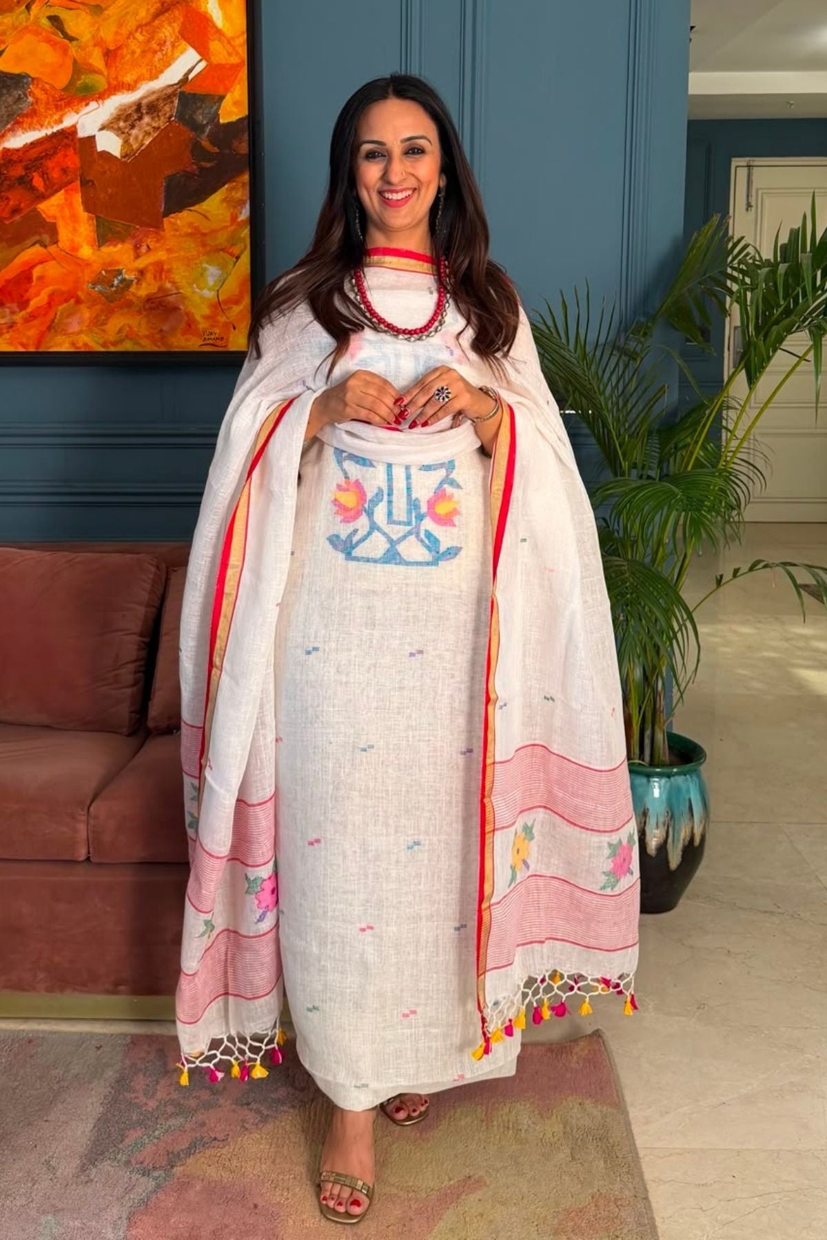 Jamdani weave kurta dupatta set on 100 count linen by linen!!