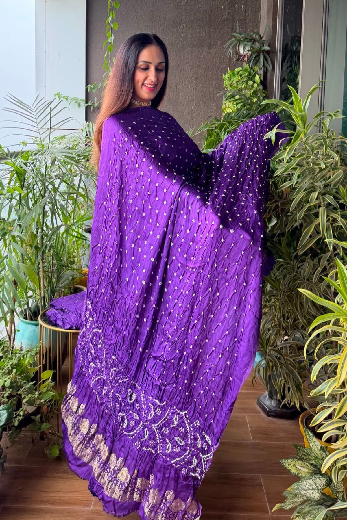 Pure modal silk full set with hand done bandhani and zari weaving!!
