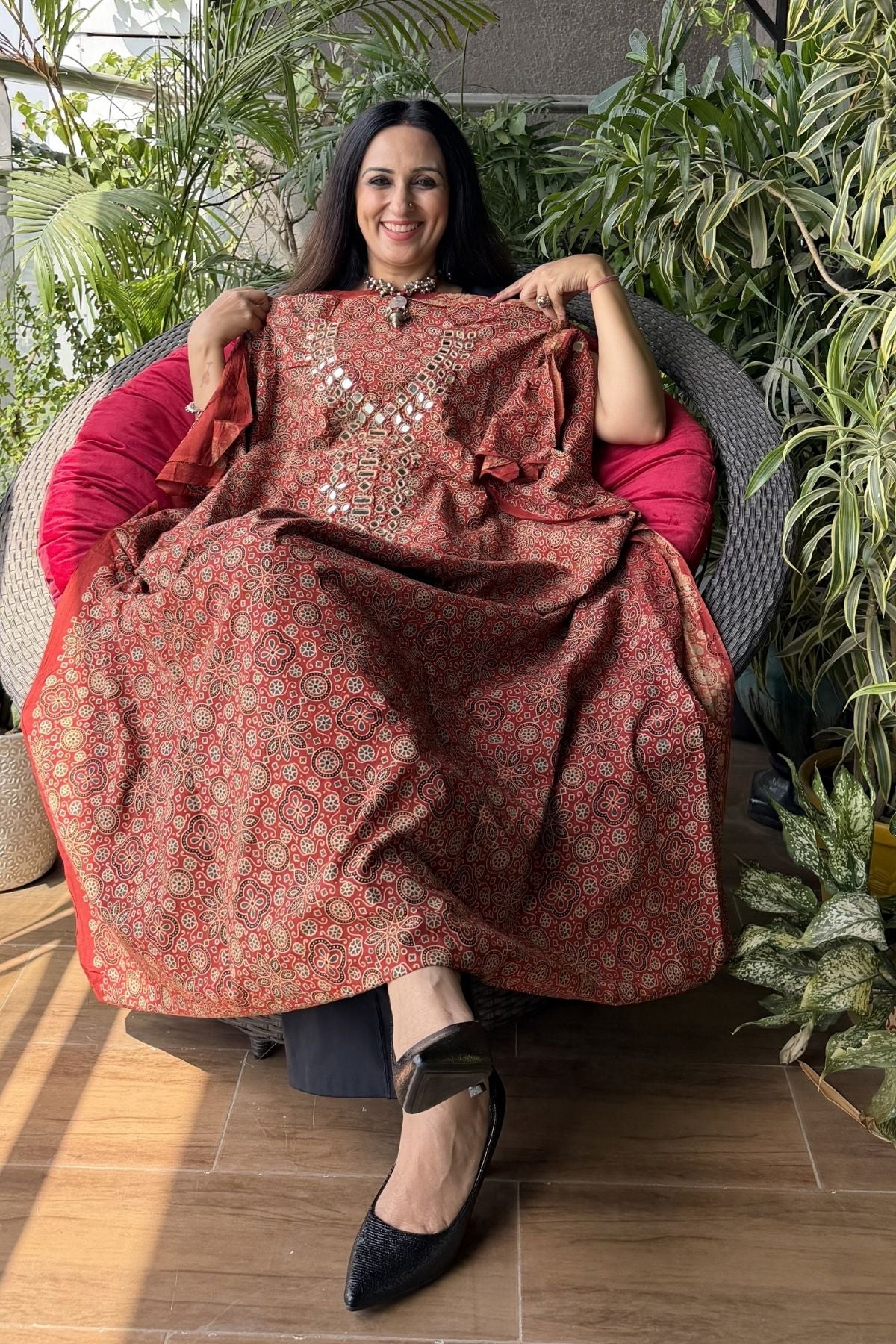 Handblocked pure cotton kurta with Kutch mirror work embroidery!!