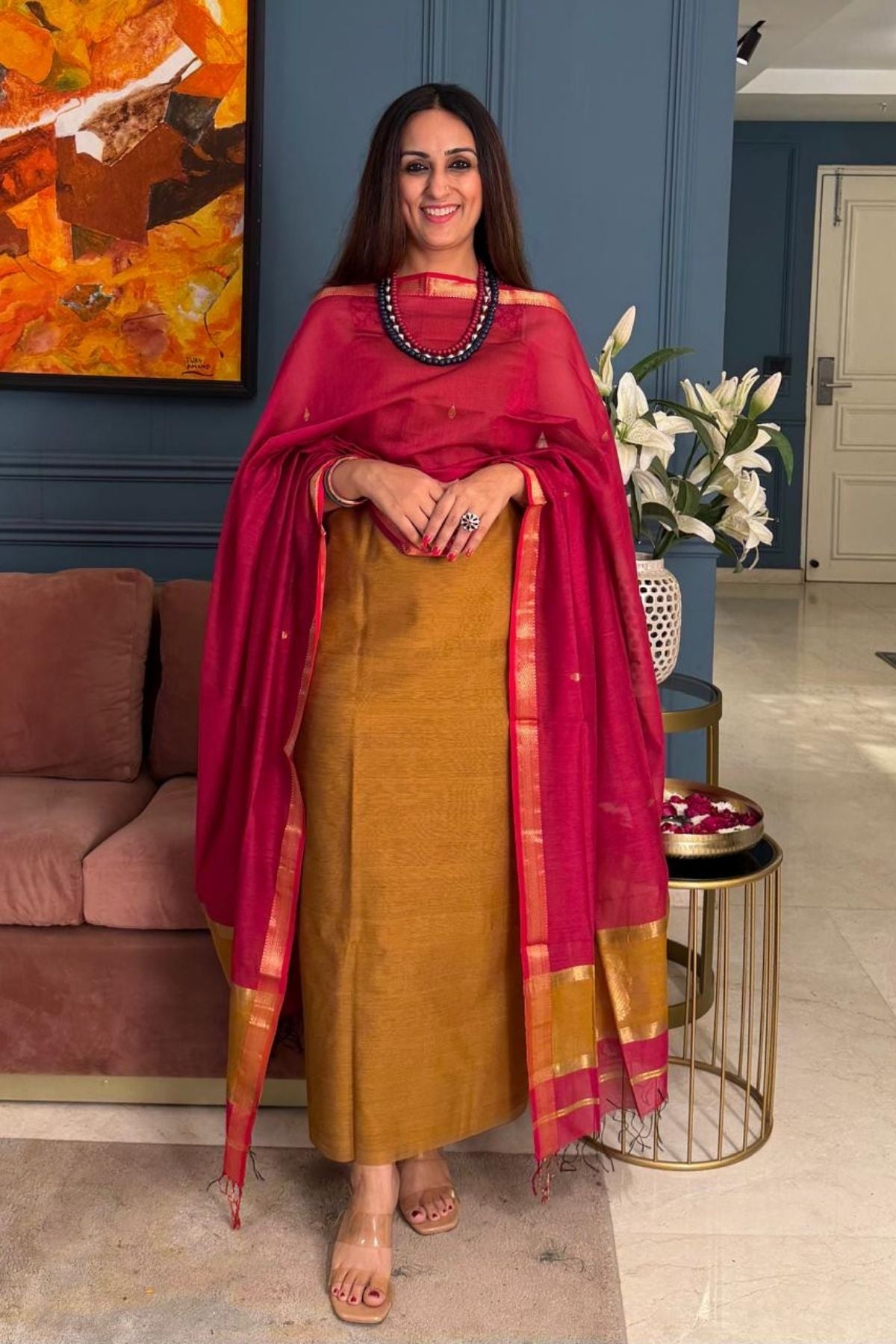 Maheshwari handloom silk by cotton kurta dupatta set