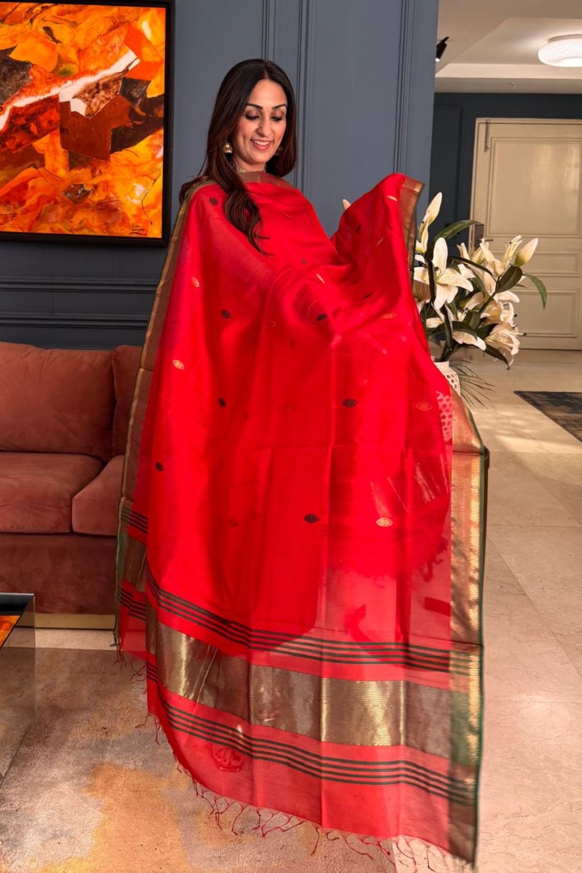 Handwoven Maheshwari silk kurta dupatta set