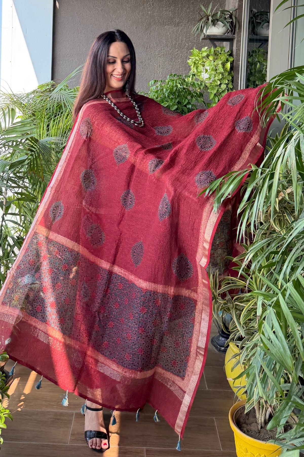 Ajrakh On Pure Linen Silk