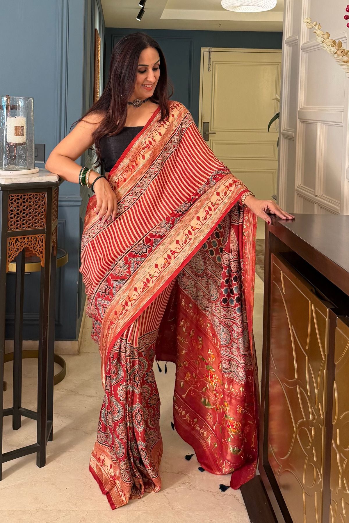 Handblocked Ajrakh with Paithani weave on pure modal saree!!