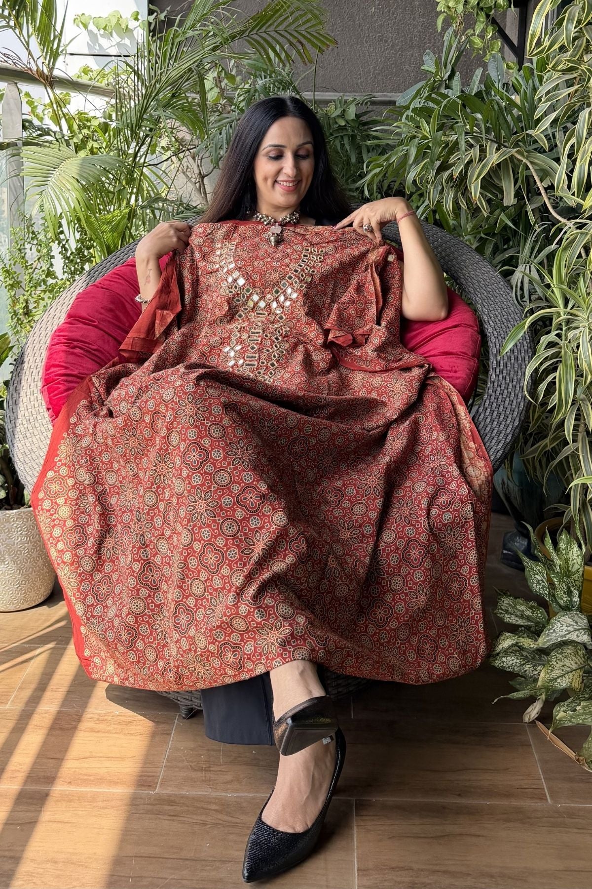 Handblocked pure cotton kurta with Kutch mirror work embroidery!!