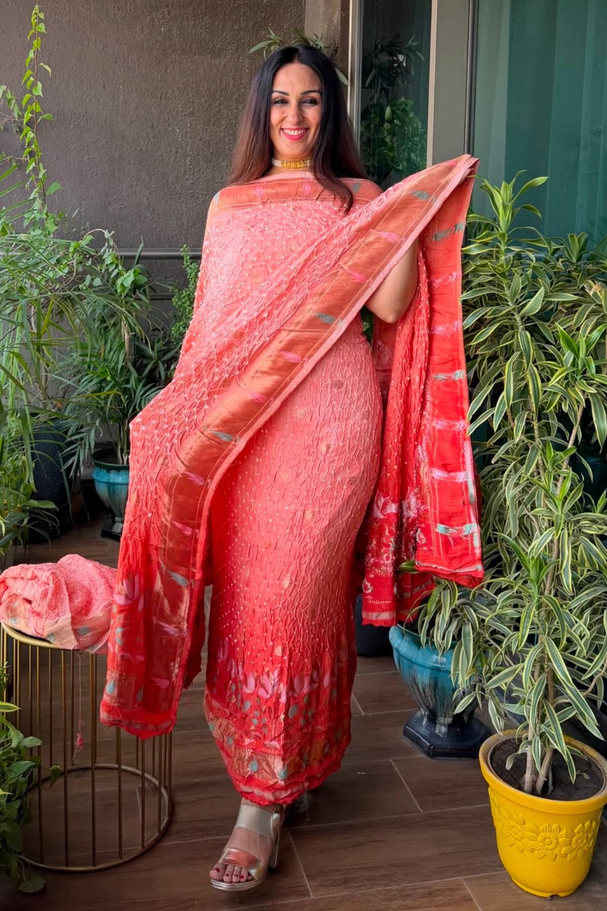 Pure gaji silk full set with hand done bandhani and zari weaving!!