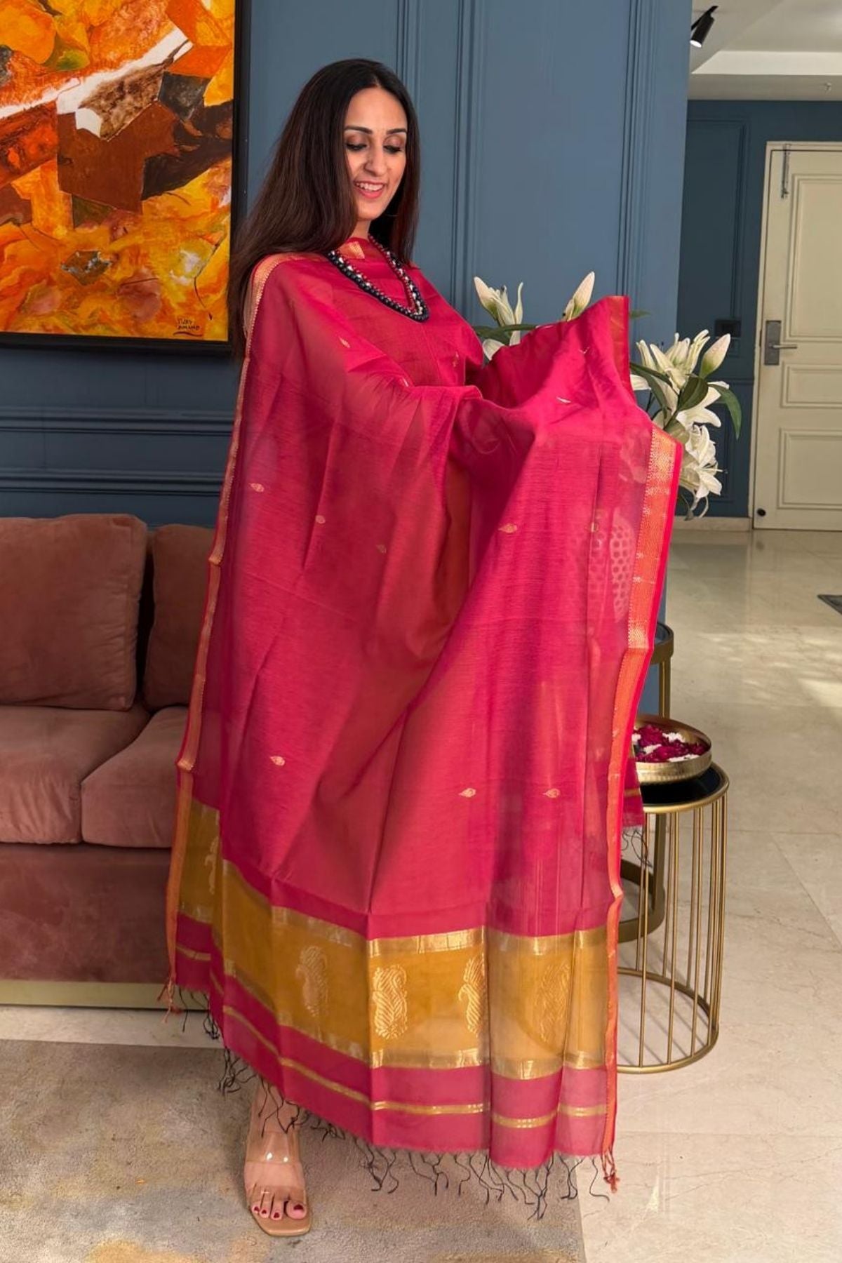 Maheshwari handloom silk by cotton kurta dupatta set