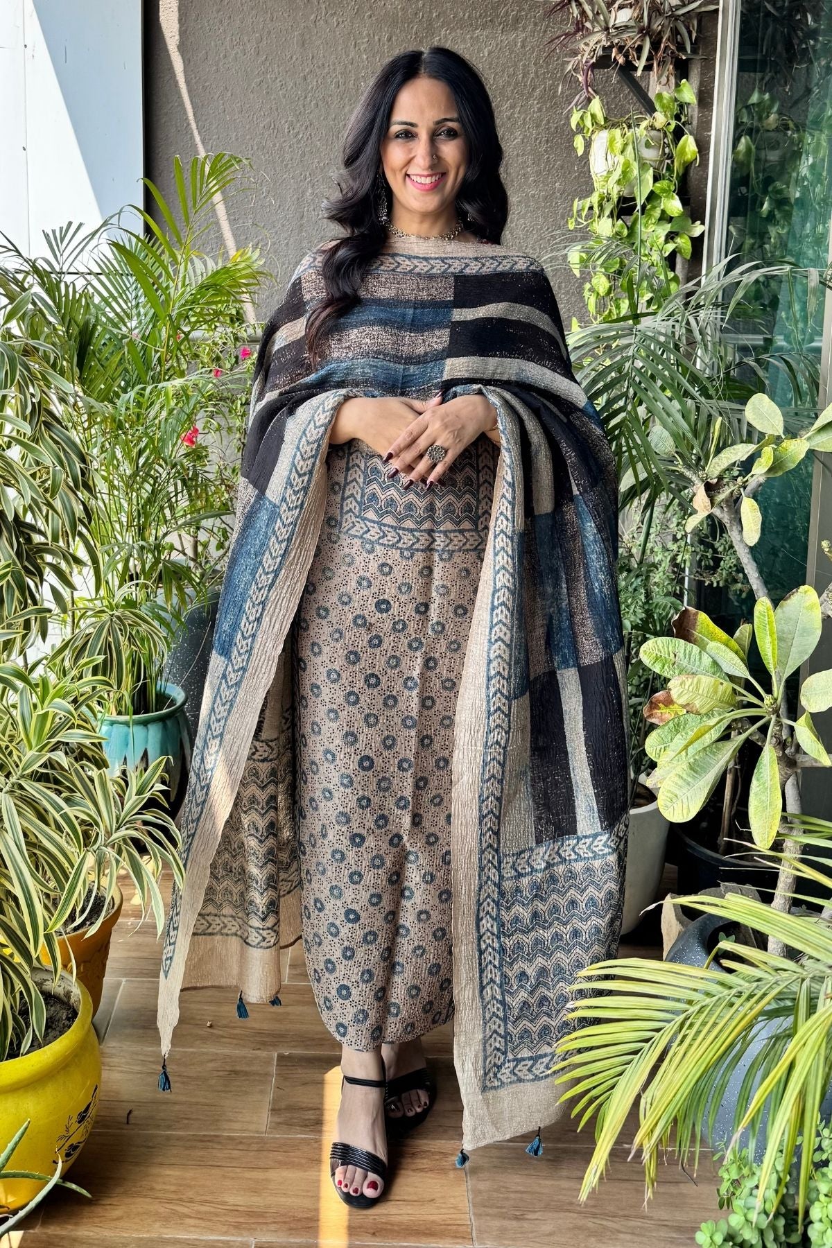 Off White Suit With Striped Dupatta