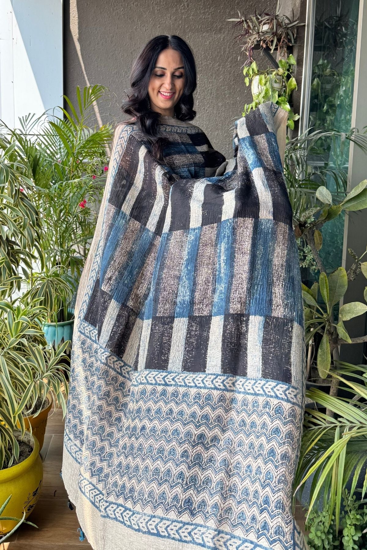 Off White Suit With Striped Dupatta