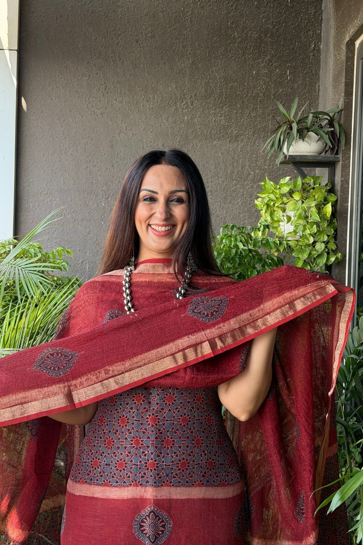 Ajrakh On Pure Linen Silk