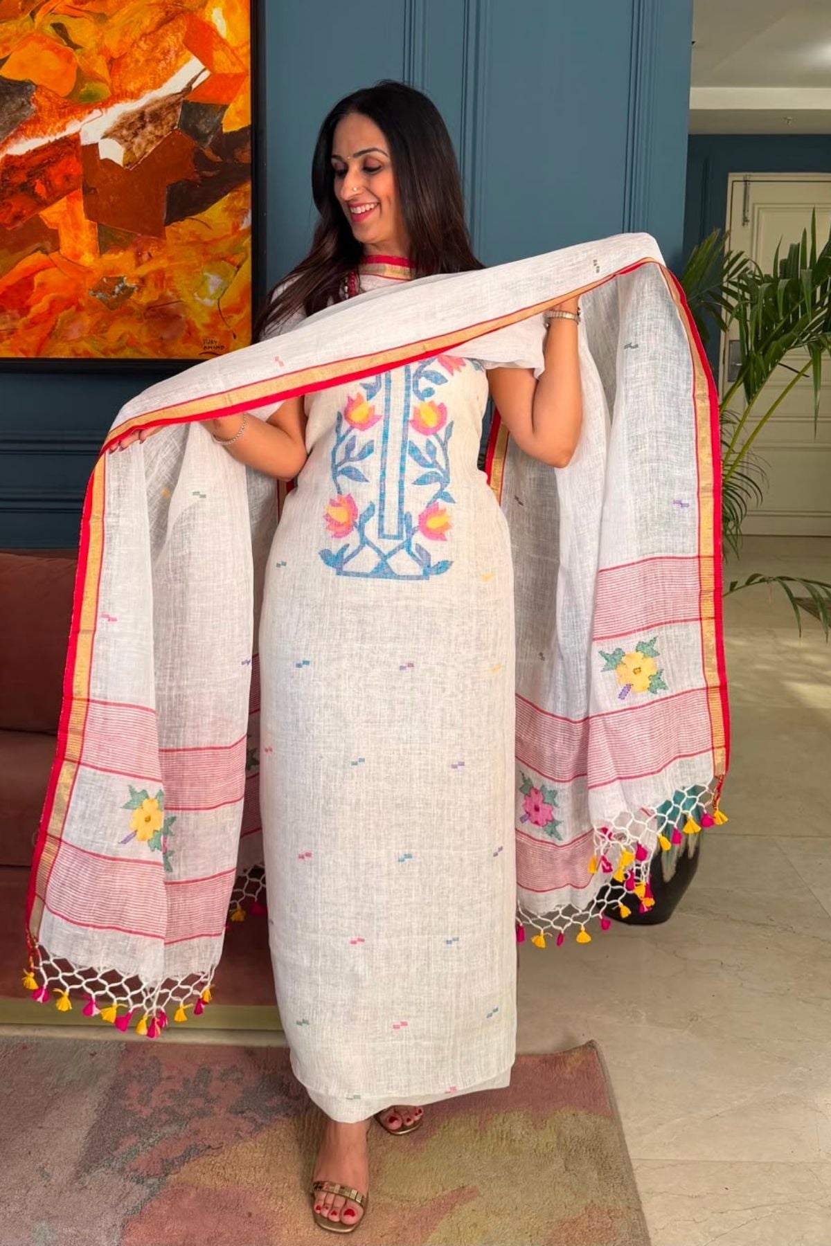 Jamdani weave kurta dupatta set on 100 count linen by linen!!