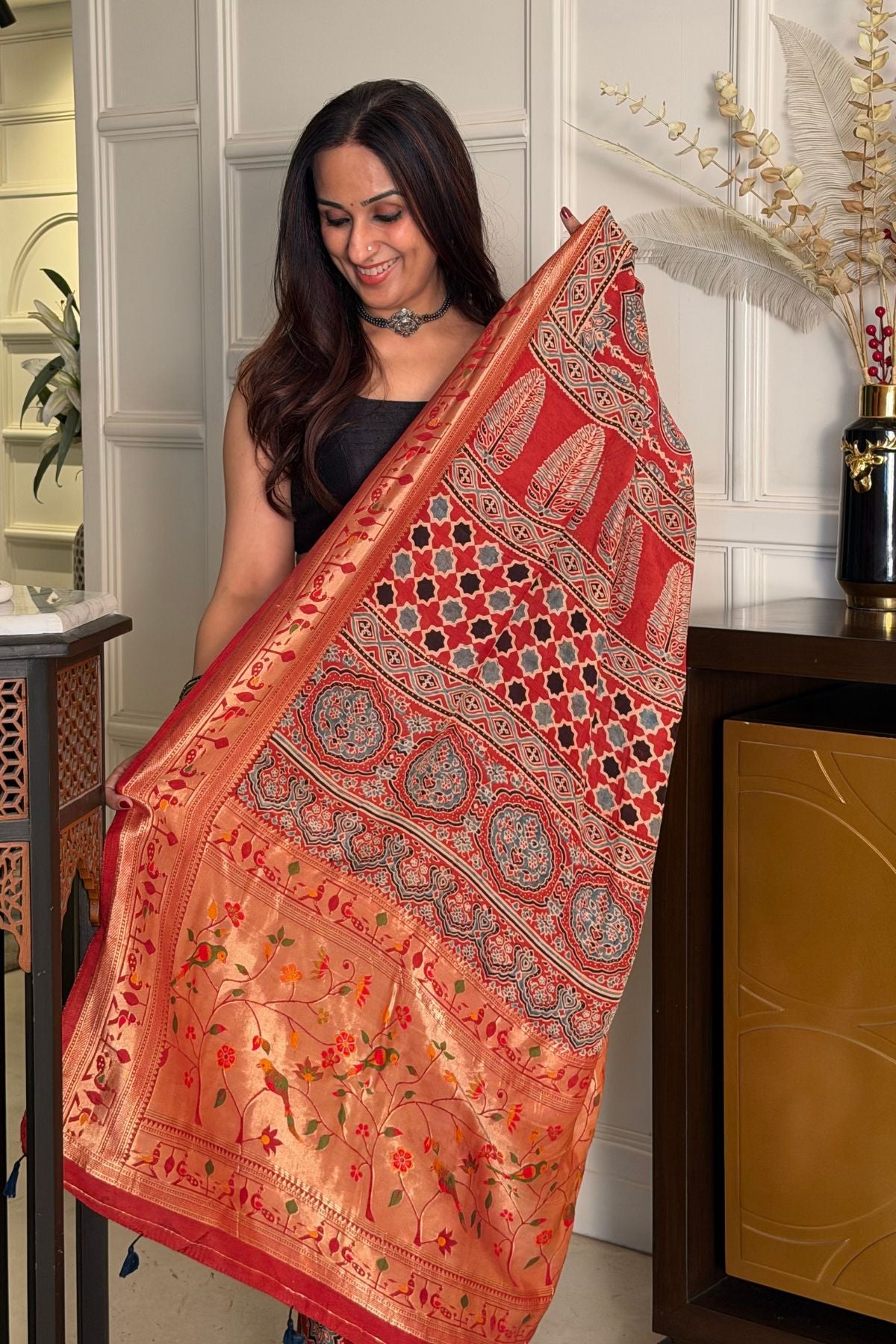 Handblocked Ajrakh with Paithani weave on pure modal saree!!