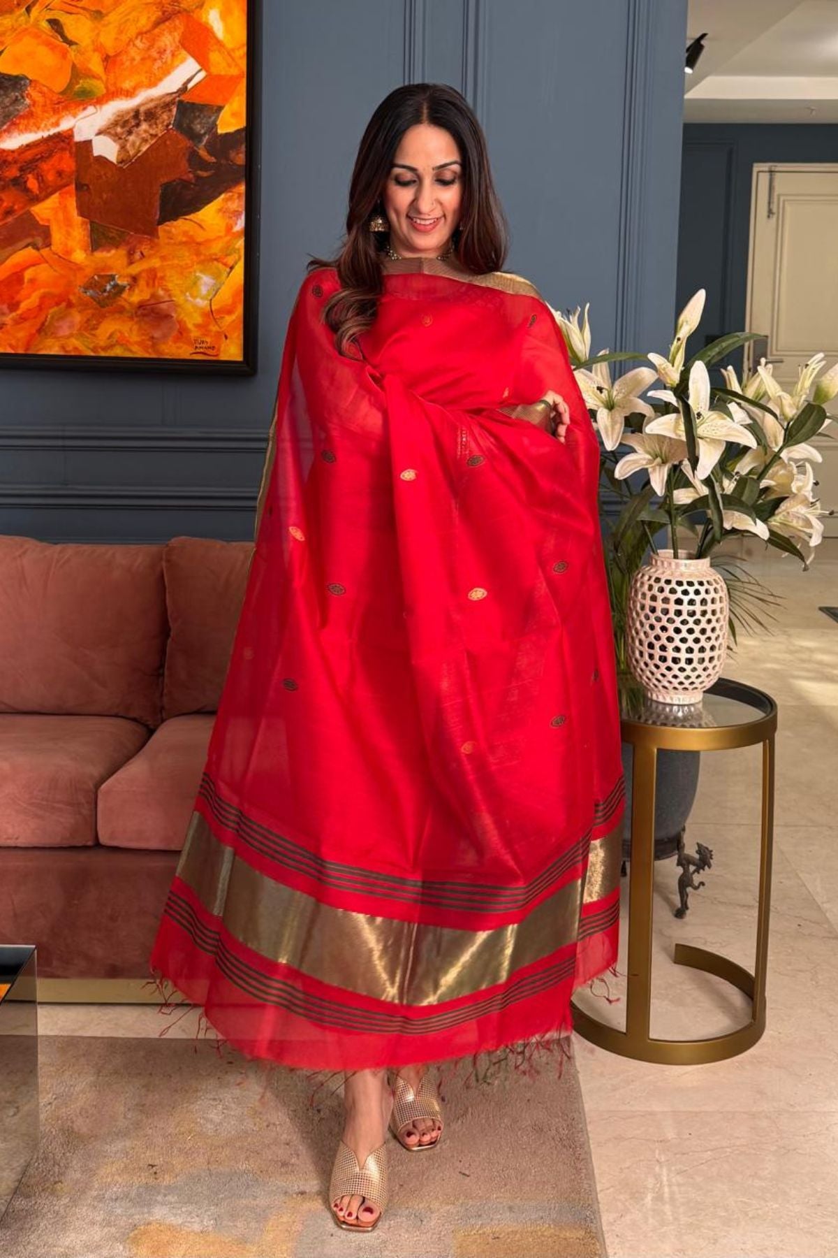 Handwoven Maheshwari silk kurta dupatta set