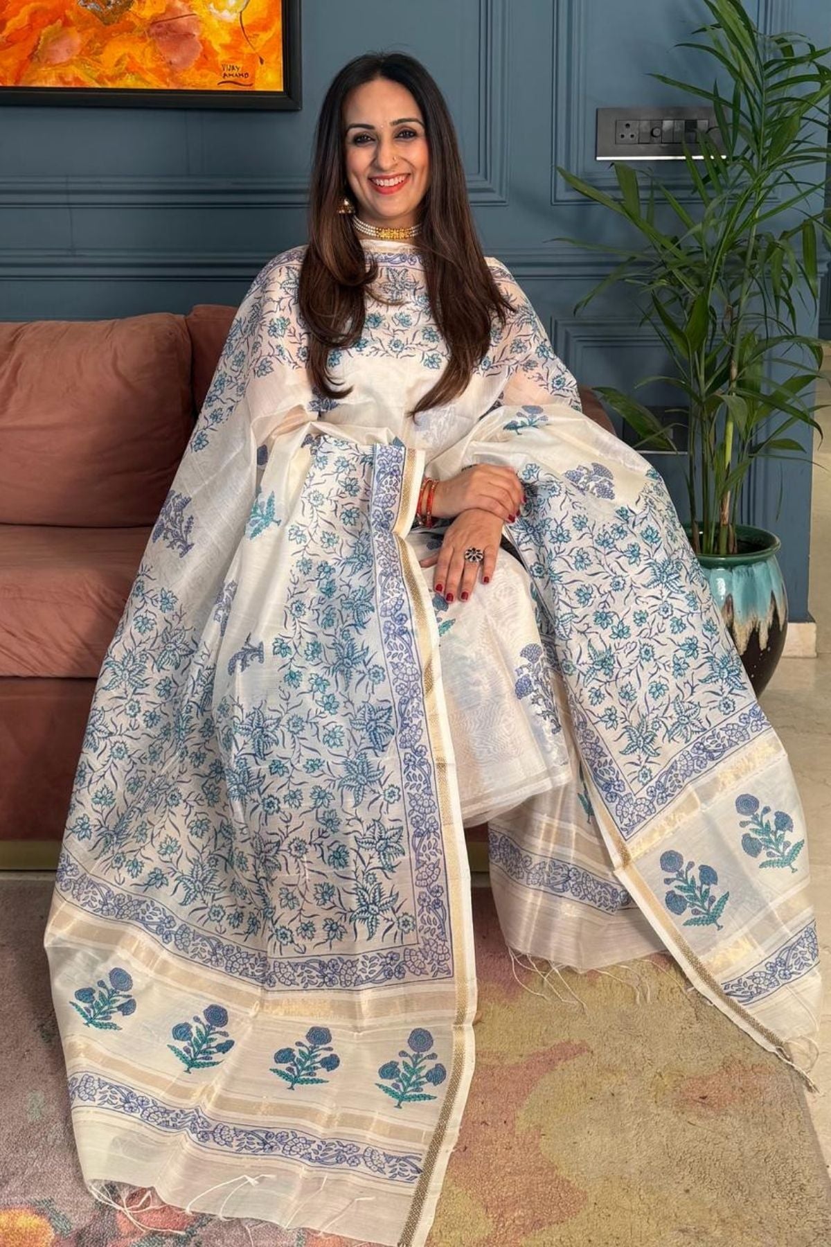 Handblocked Maheshwari kurta dupatta set!!