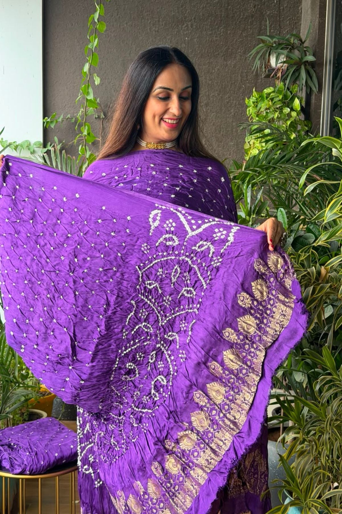 Pure modal silk full set with hand done bandhani and zari weaving!!