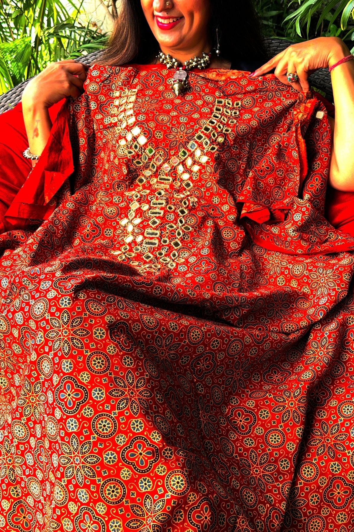 Handblocked pure cotton kurta with Kutch mirror work embroidery!!