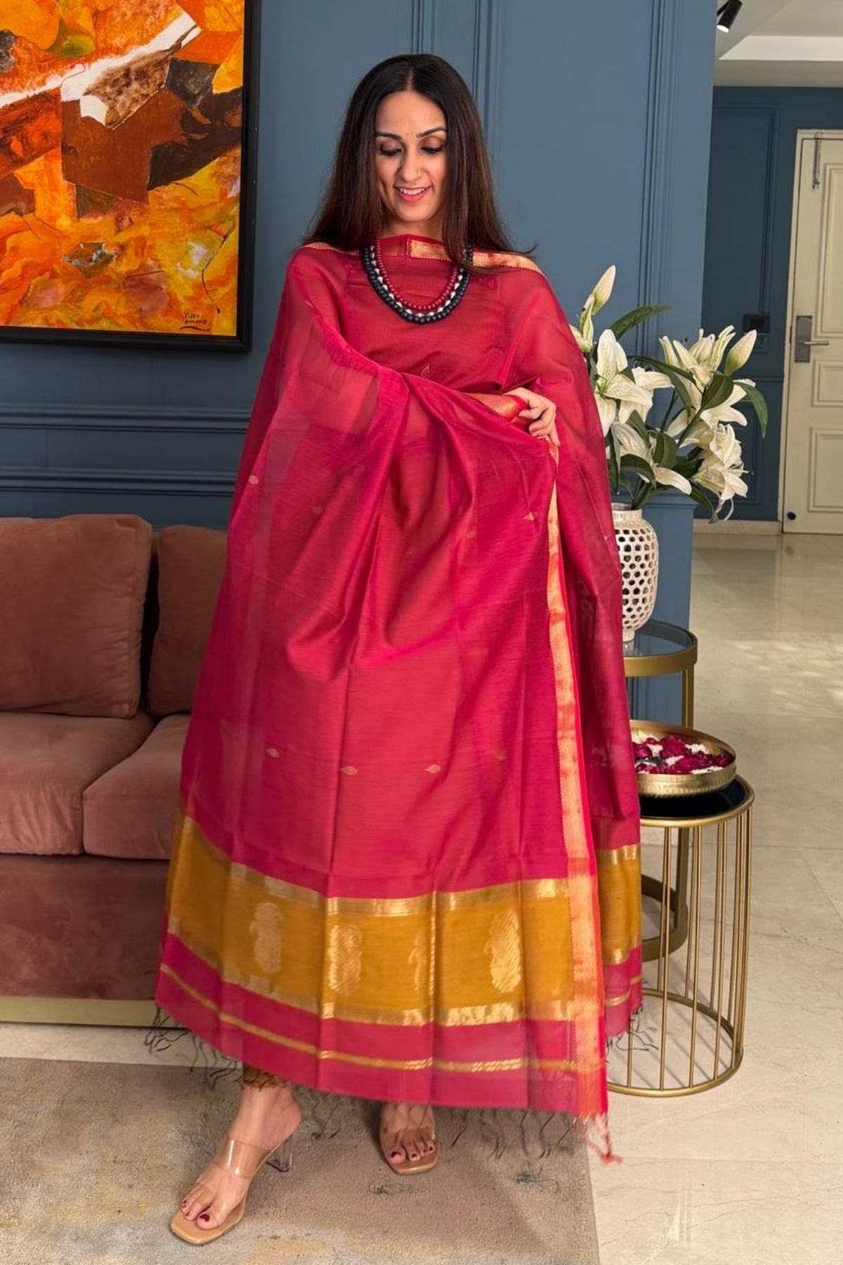 Maheshwari handloom silk by cotton kurta dupatta set