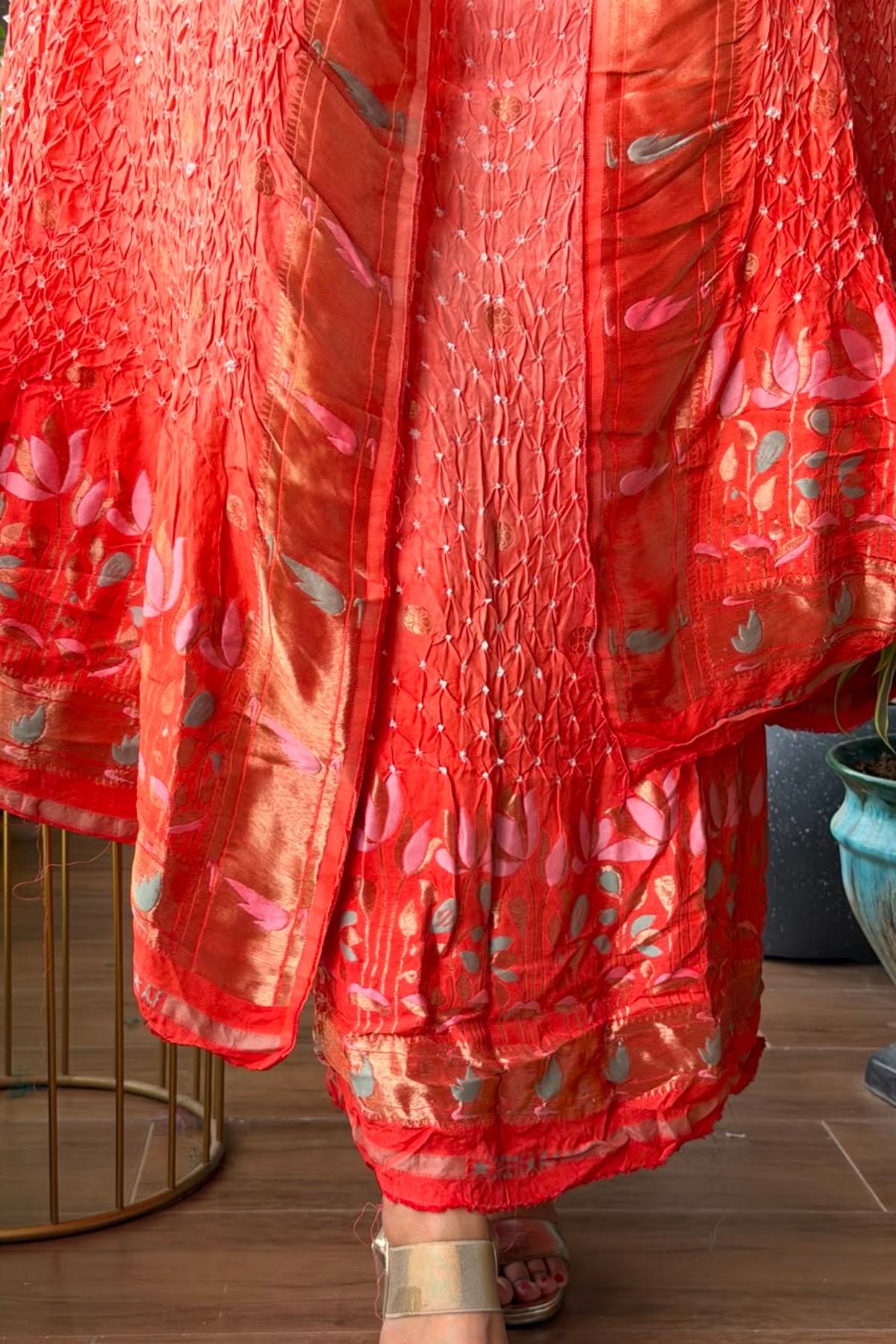 Pure gaji silk full set with hand done bandhani and zari weaving!!