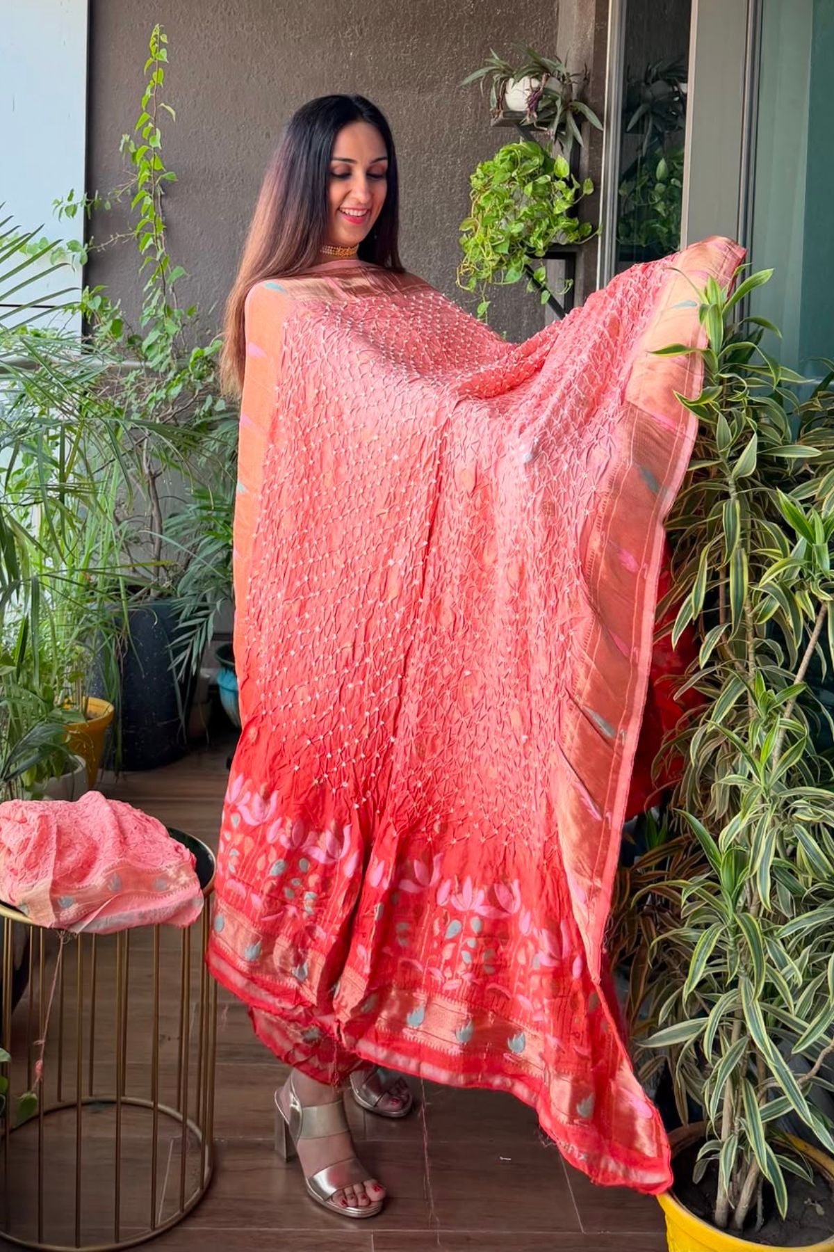 Pure gaji silk full set with hand done bandhani and zari weaving!!