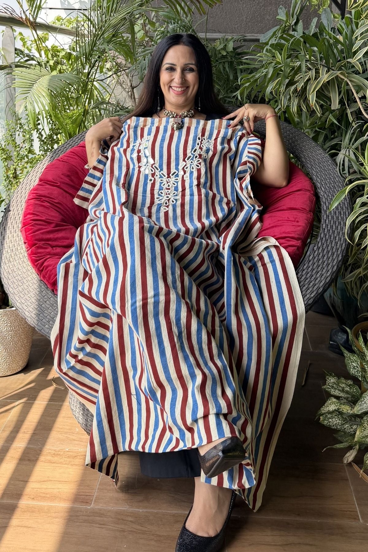 Handblocked pure cotton kurta with Kutch mirror work embroidery!!