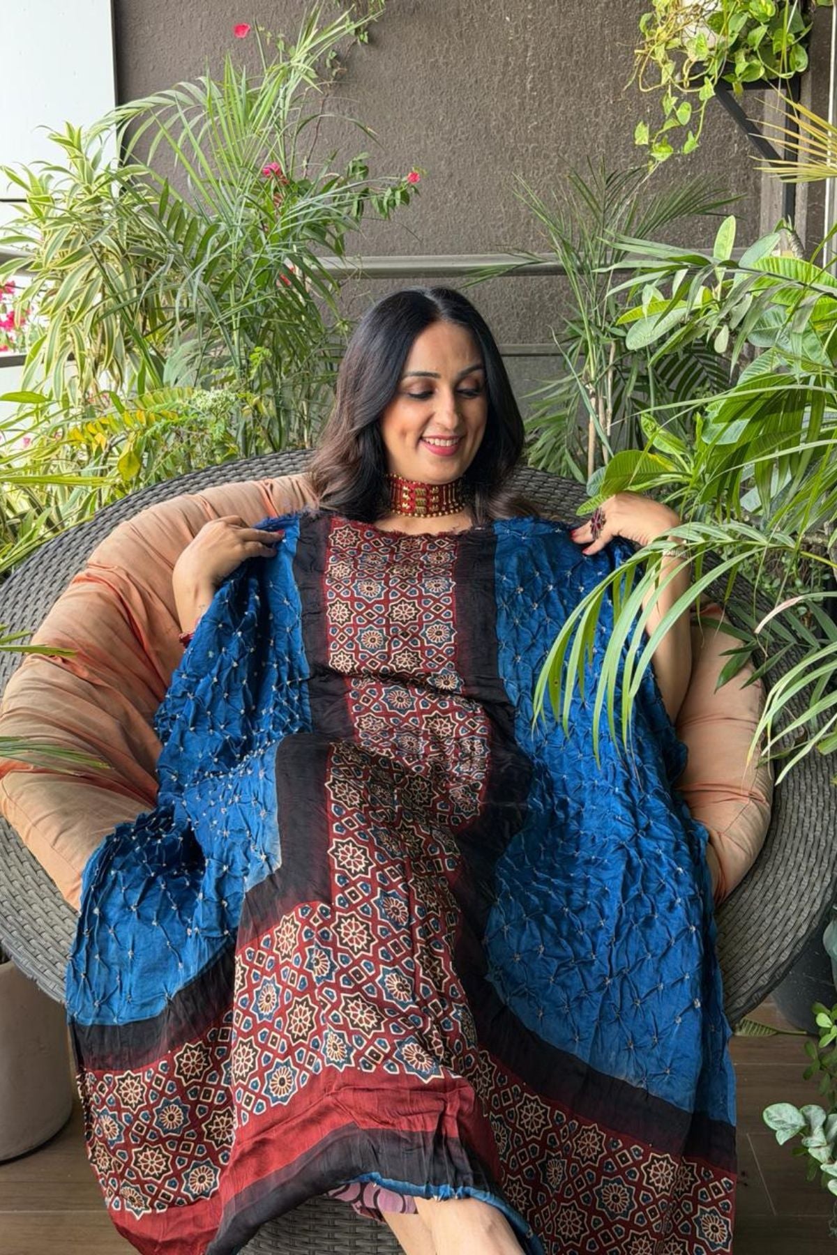 Handblocked Ajrakh Bandhani modal kurta fabric!!!