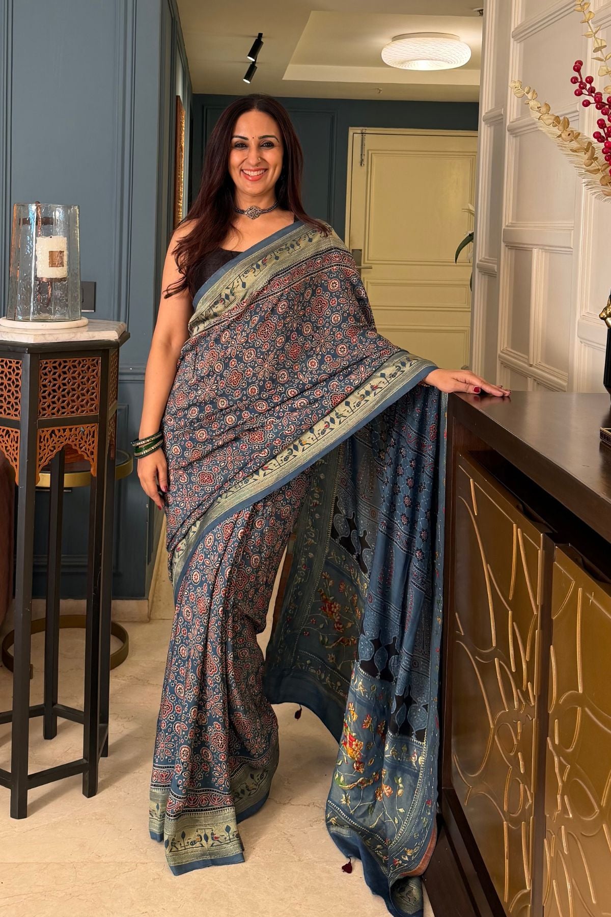 Handblocked Ajrakh with Paithani weave on pure modal saree!!