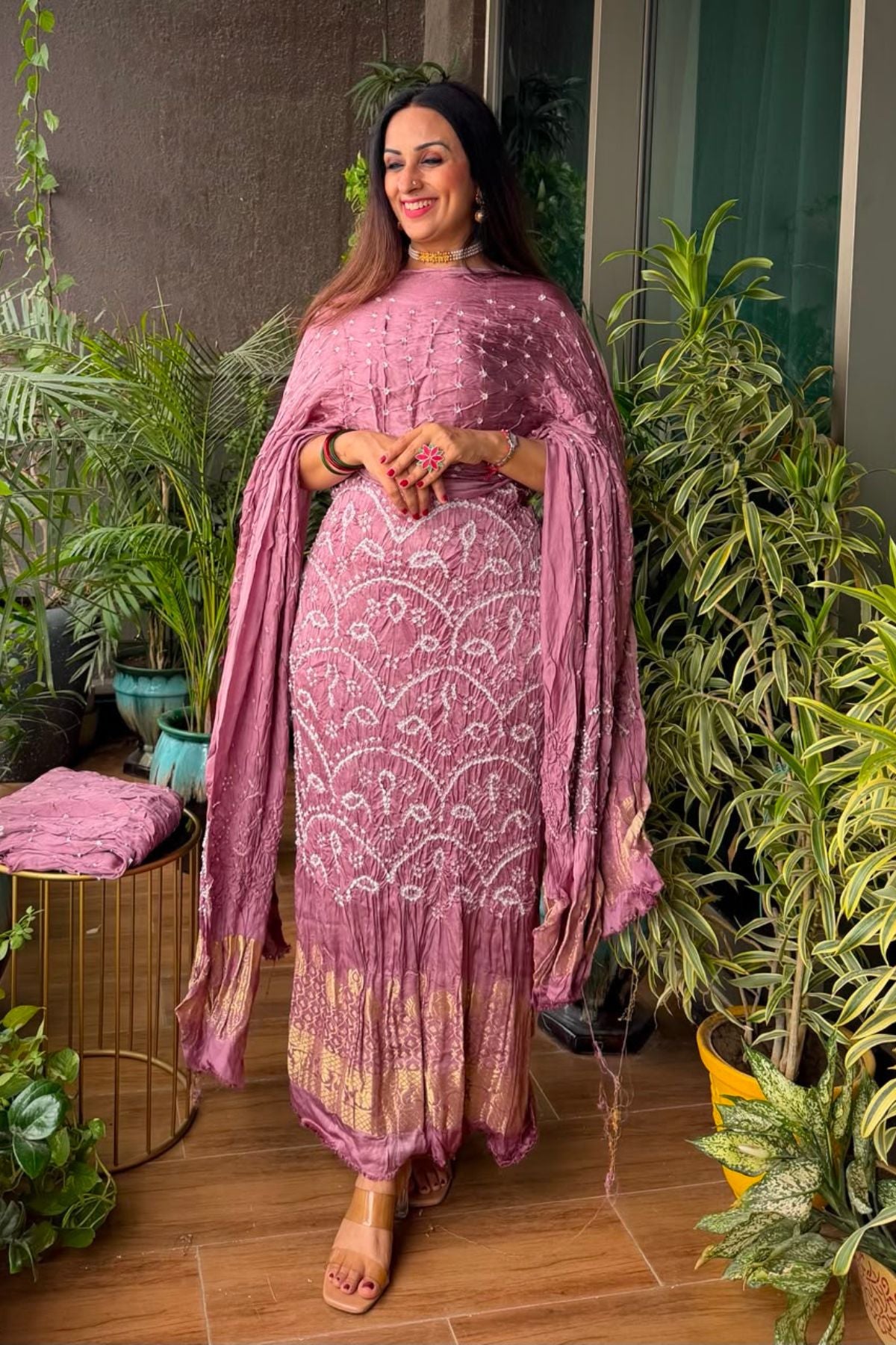 Pure modal silk full set with hand done bandhani and zari weaving!!