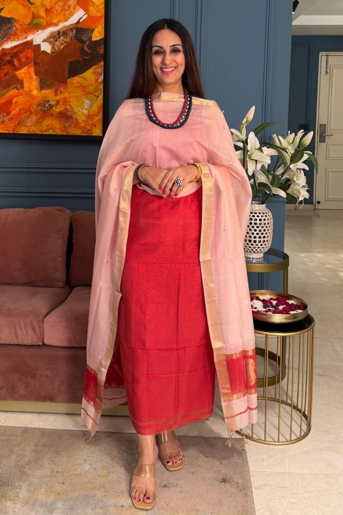 Maheshwari handloom silk by cotton kurta dupatta set