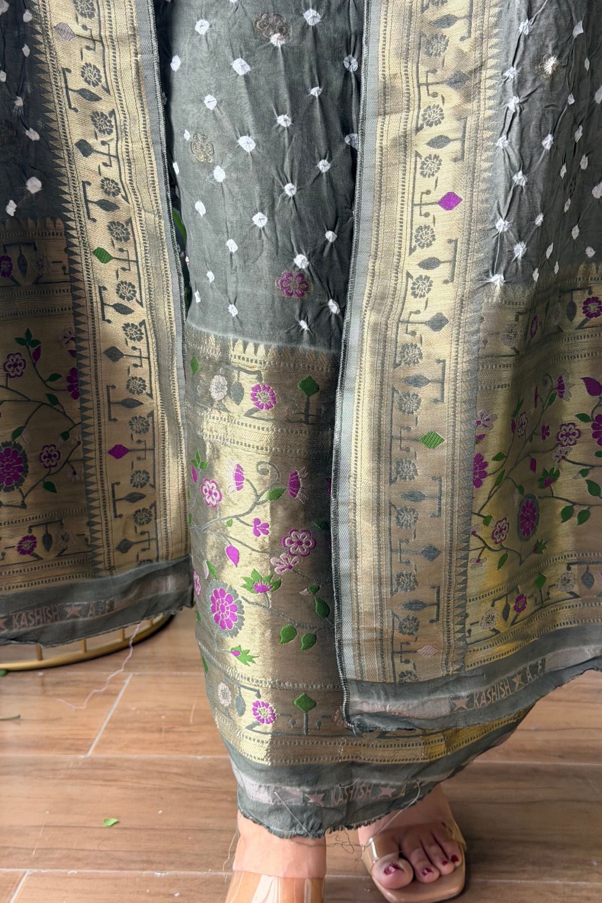 Pure gaji silk full set with hand done bandhani and zari weaving!!