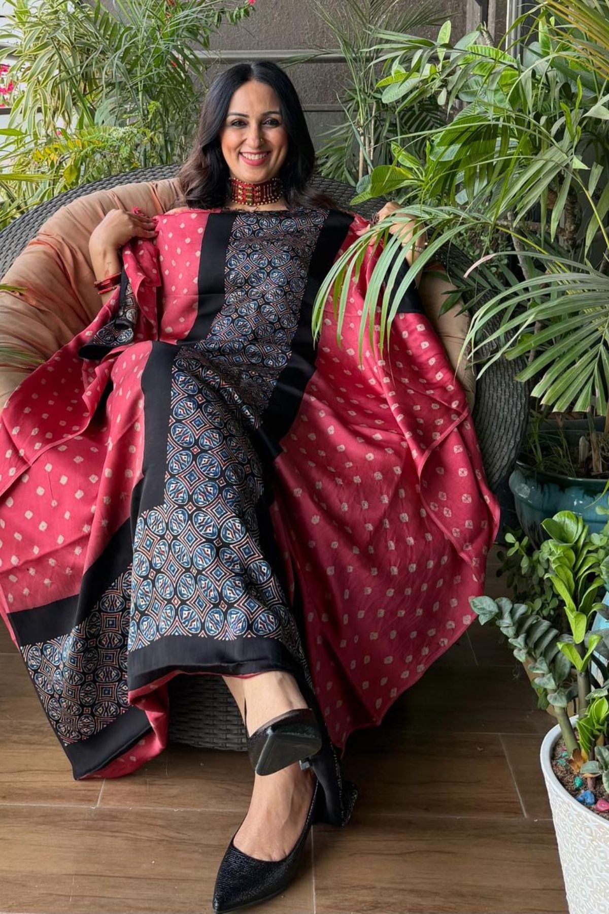 Handblocked Ajrakh Bandhani modal kurta fabric!!!