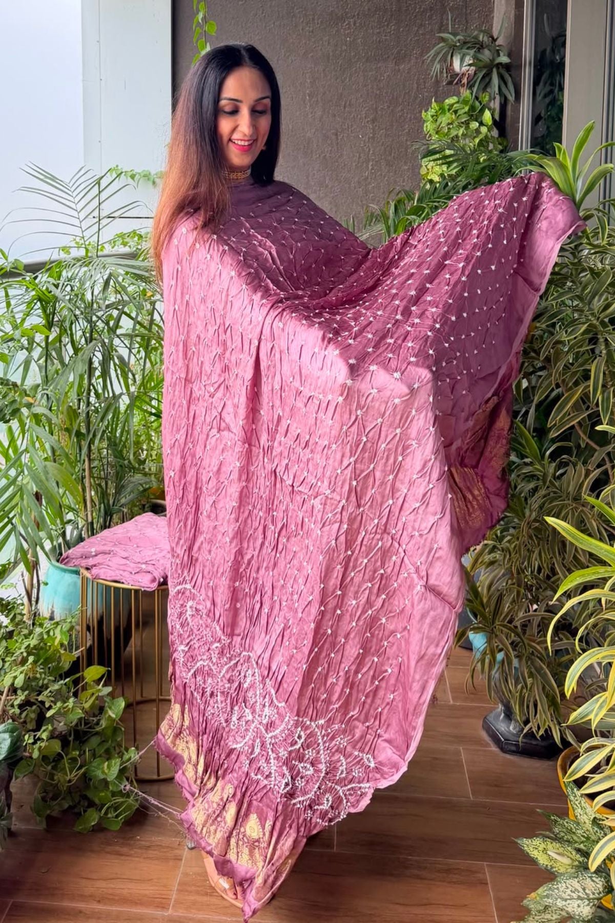 Pure modal silk full set with hand done bandhani and zari weaving!!