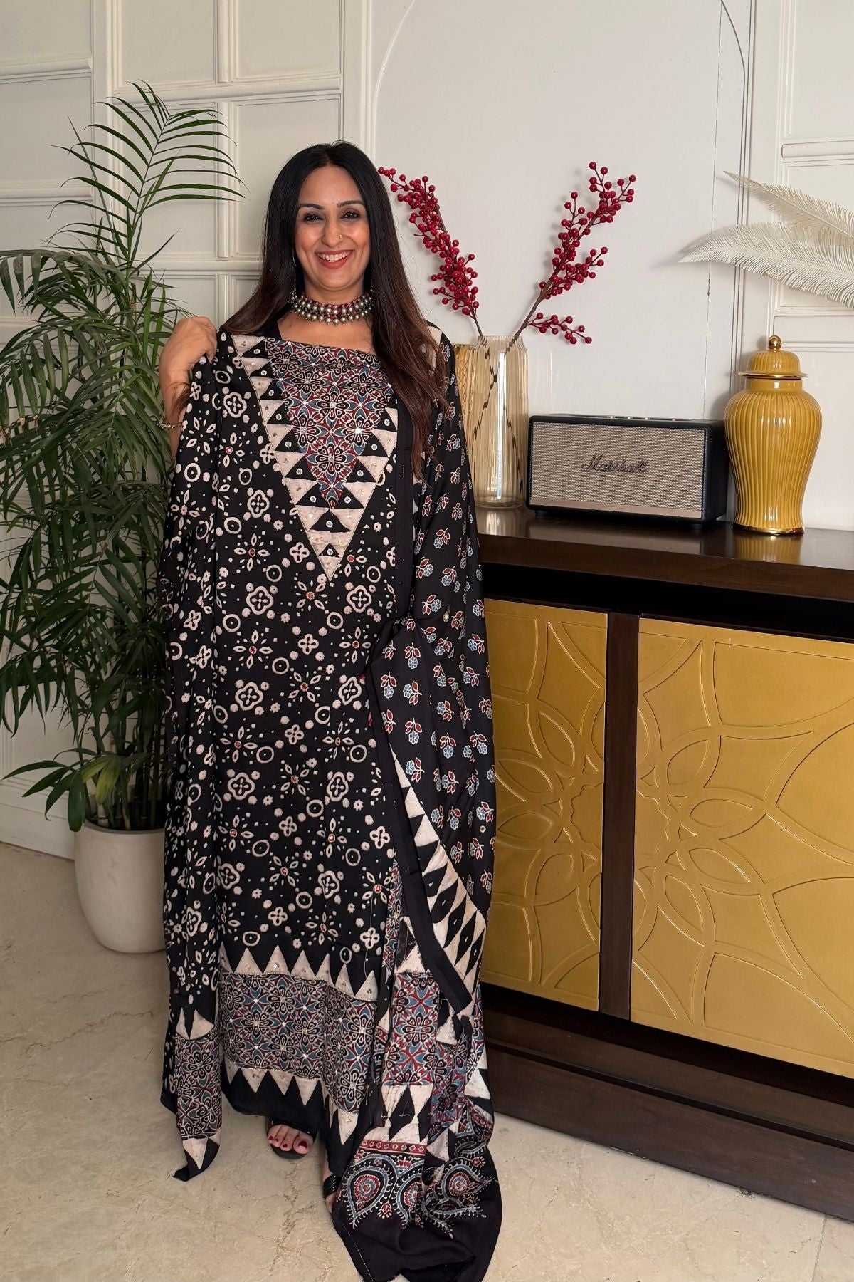 Handblocked Ajrakh kurta dupatta set with very intricate hand embroidery!!